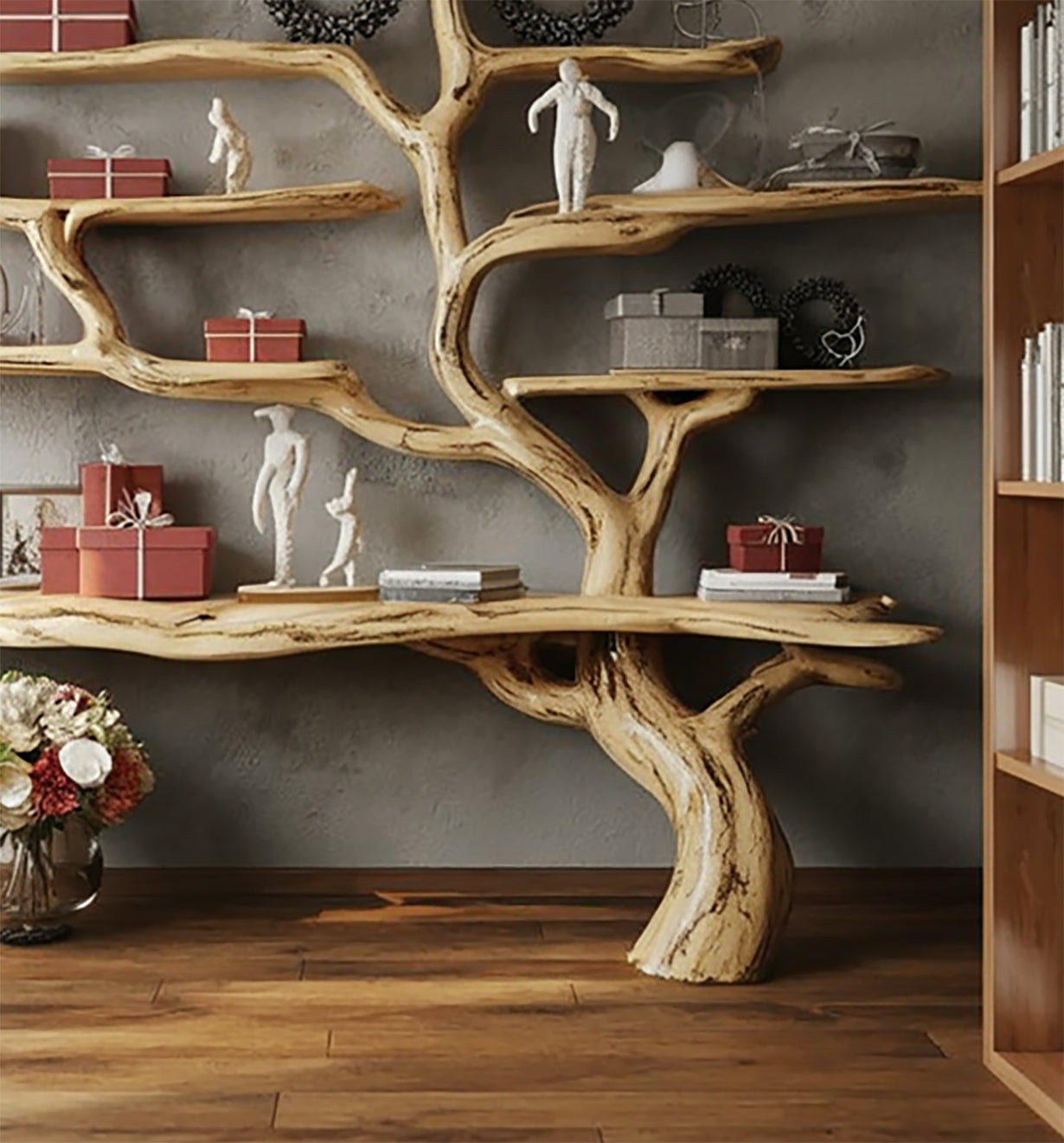 Handcrafted Tree Bookshelf – Rustic Live Edge Wooden Wall Bookcase