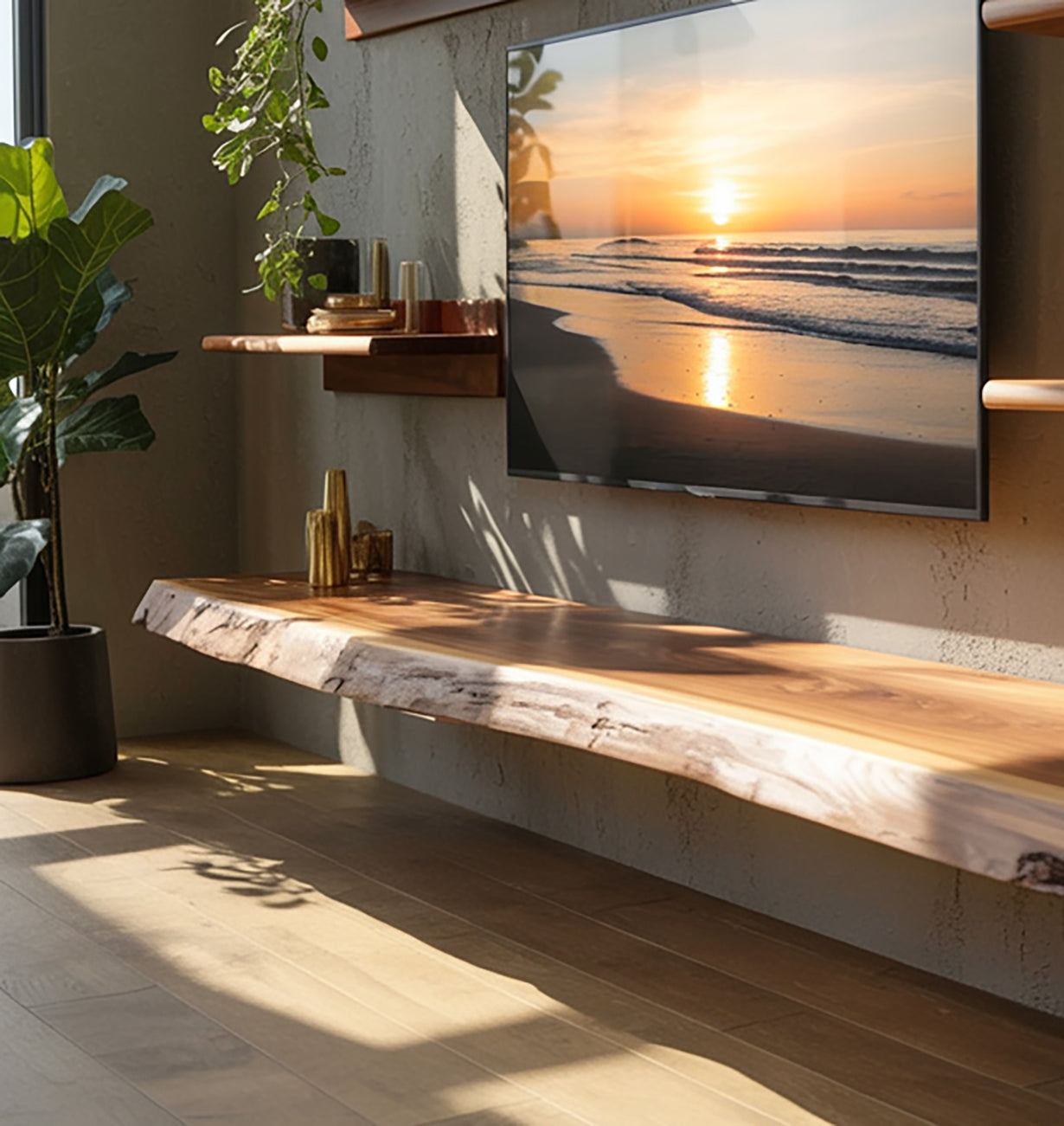Massief Zwevend TV-Meubel met Live Edge – Handgemaakte Rustieke Media Console