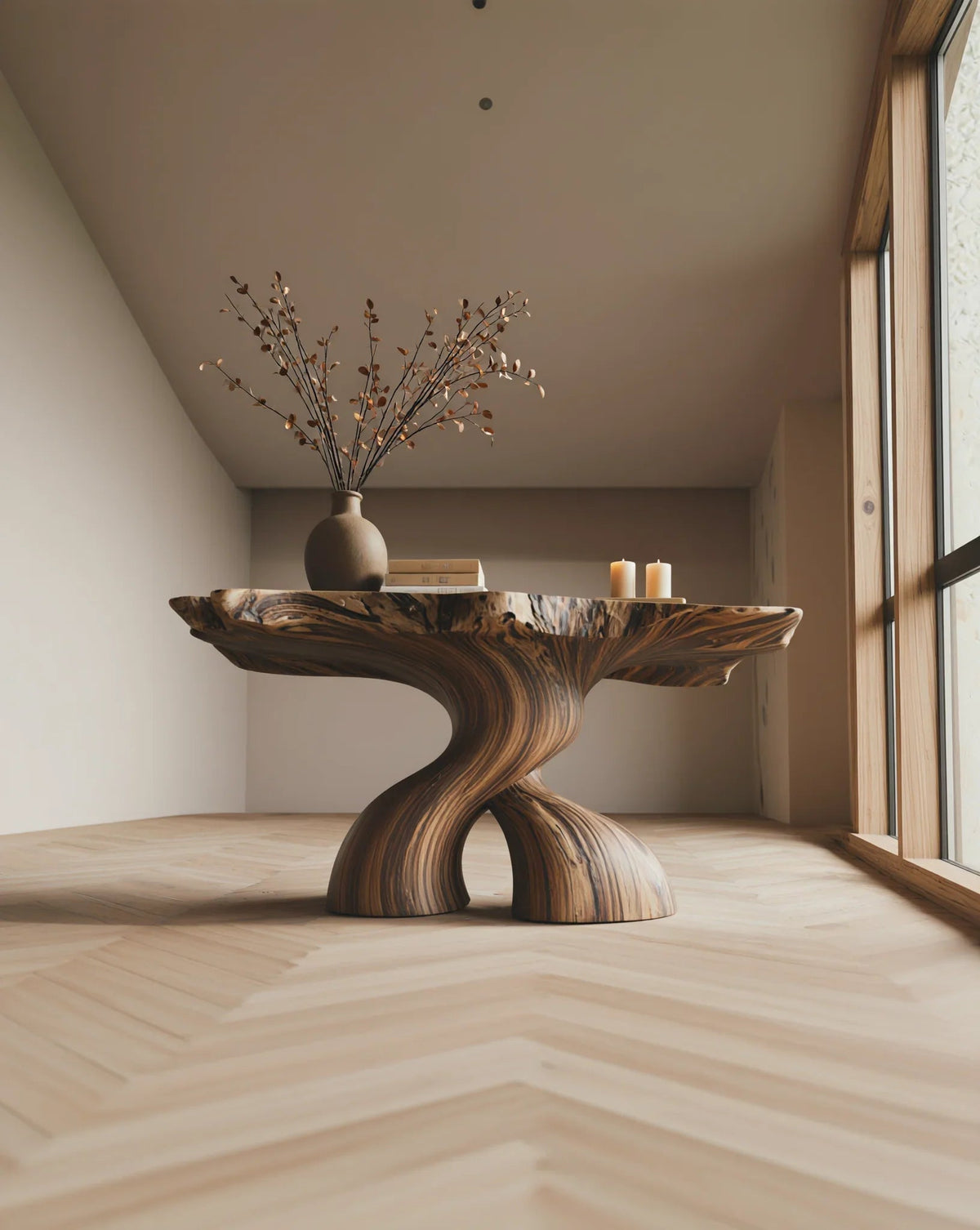 Moderne houten consoletafel met sculpturale vorm in lichte kamer