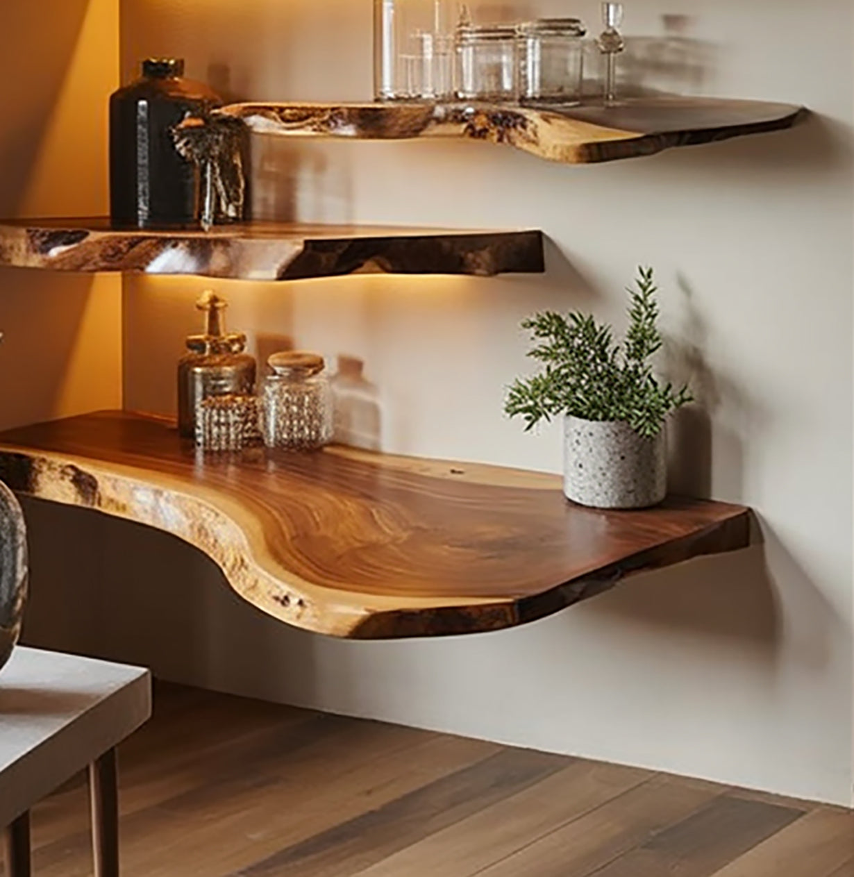 Live Edge Zwevende Walnoot Wandplanken – Massief Hout Decor