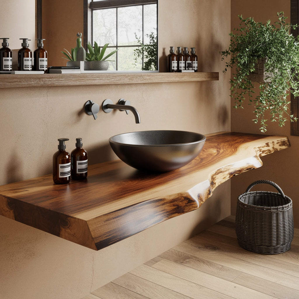Massief Houten Wastafelplank – Rustieke Badkamer Wanddecor