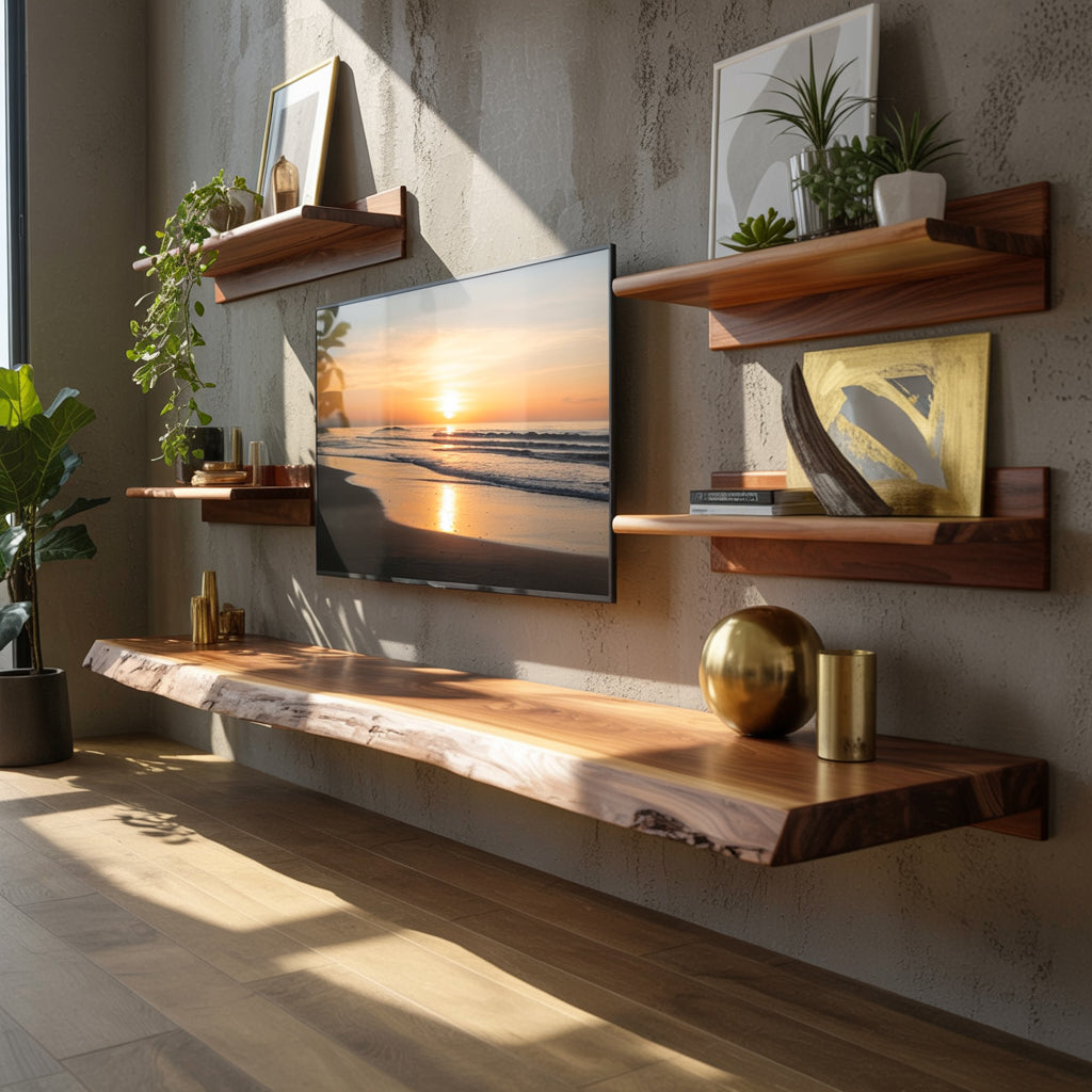 Massief Zwevend TV-Meubel met Live Edge – Handgemaakte Rustieke Media Console