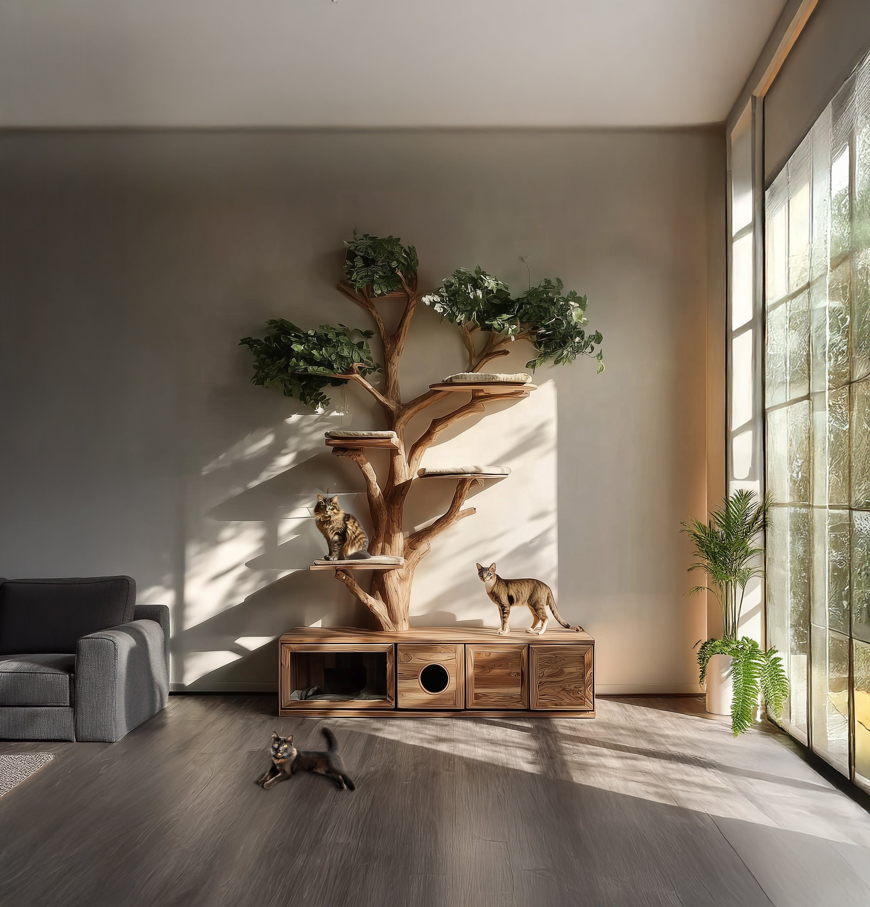 Handmade Wooden Cat Tree Tower – Rustic Furniture for Large Cats & Modern Pet Décor