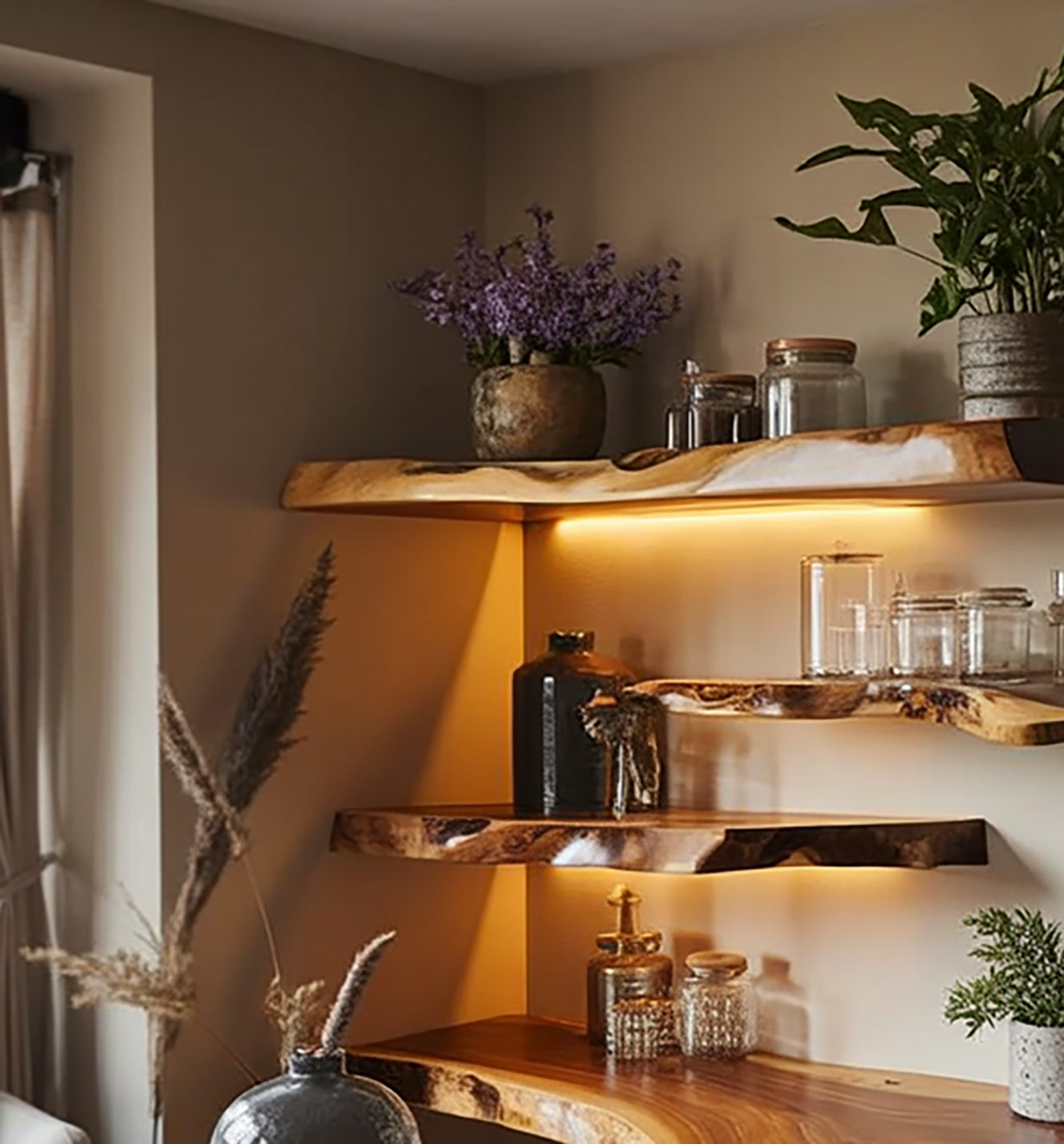 Live Edge Zwevende Walnoot Wandplanken – Massief Hout Decor