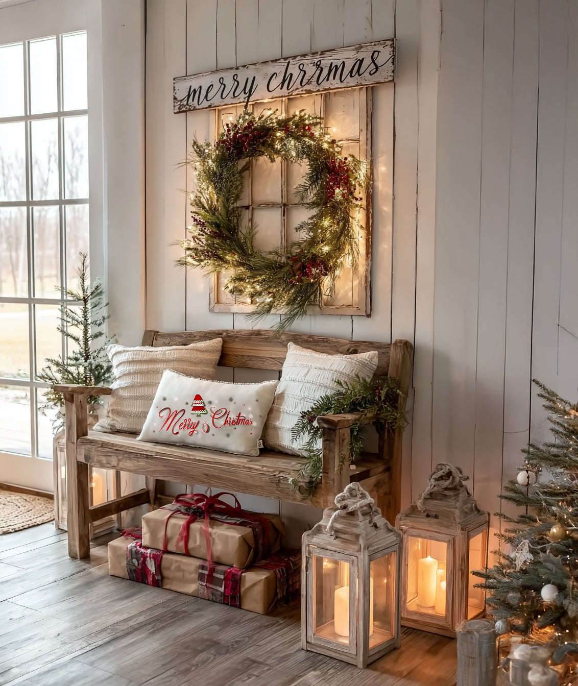 Rustic Farmhouse Wooden Bench – Handmade Solid Wood Entryway & Porch Seating