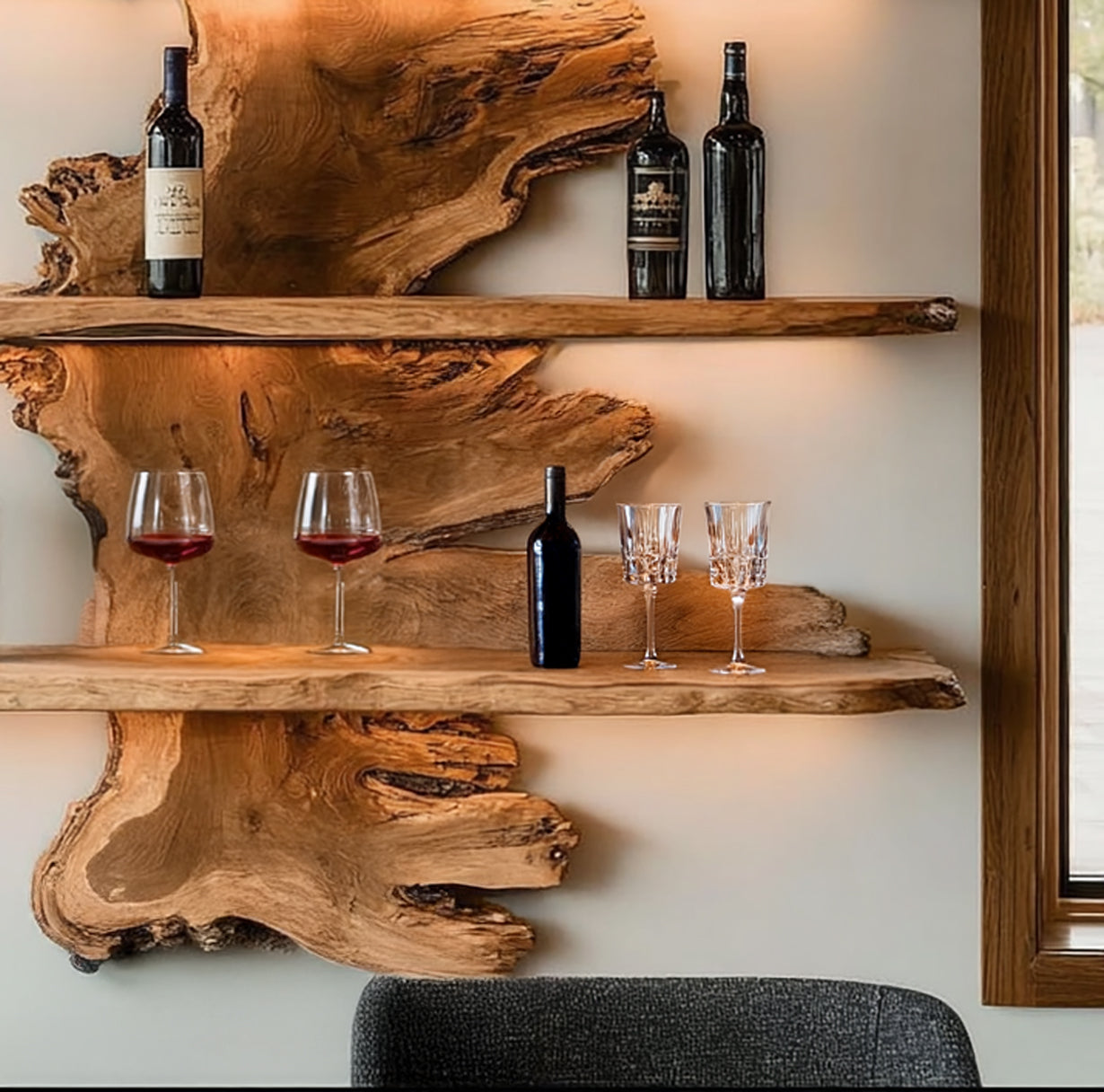 Christmas Live Edge Wall Bar Shelf – Rustic Solid Wood Floating Shelf