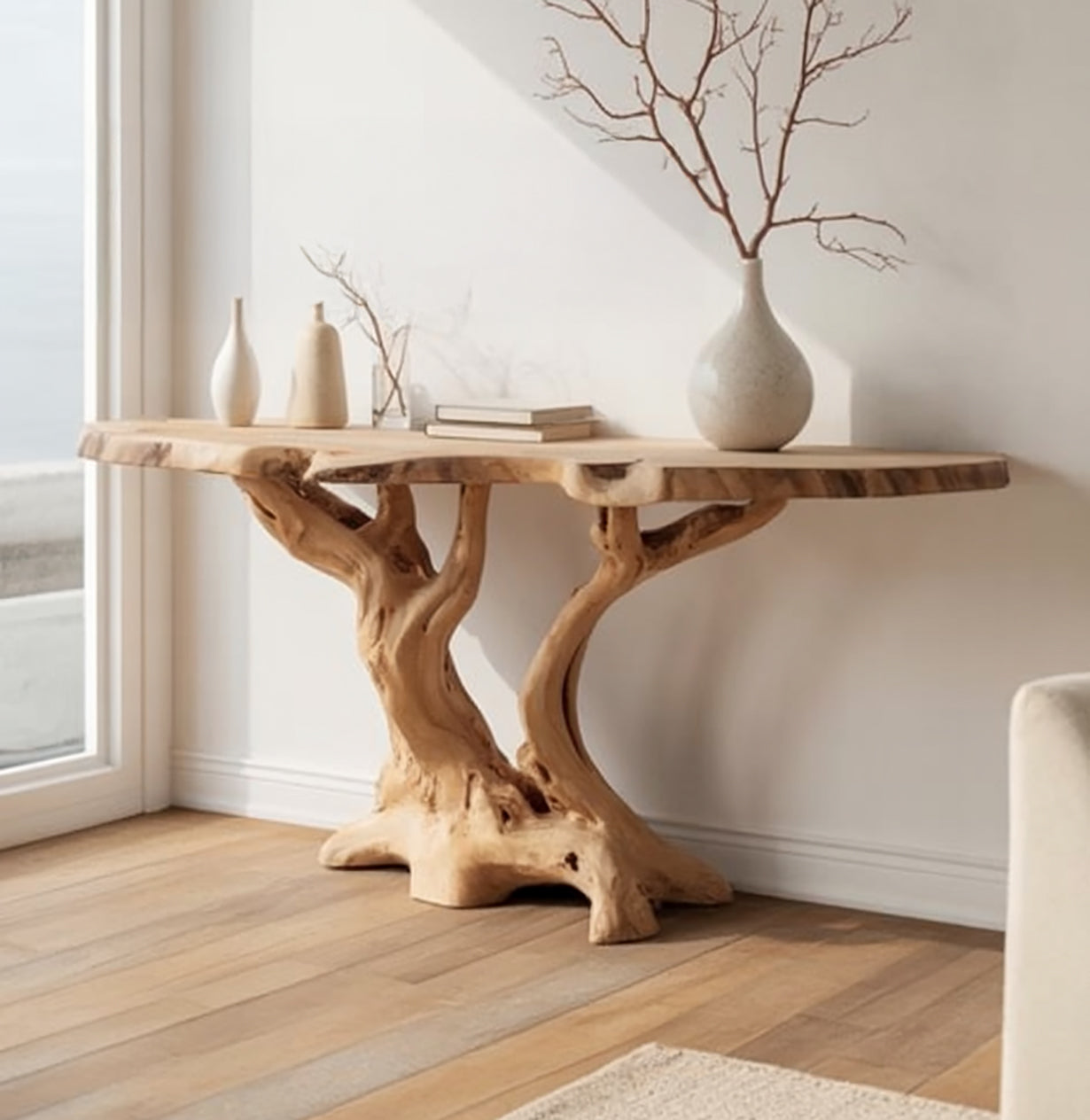 Handgemaakte Live Edge Consoletafel – Rustieke Massief Houten Tafel