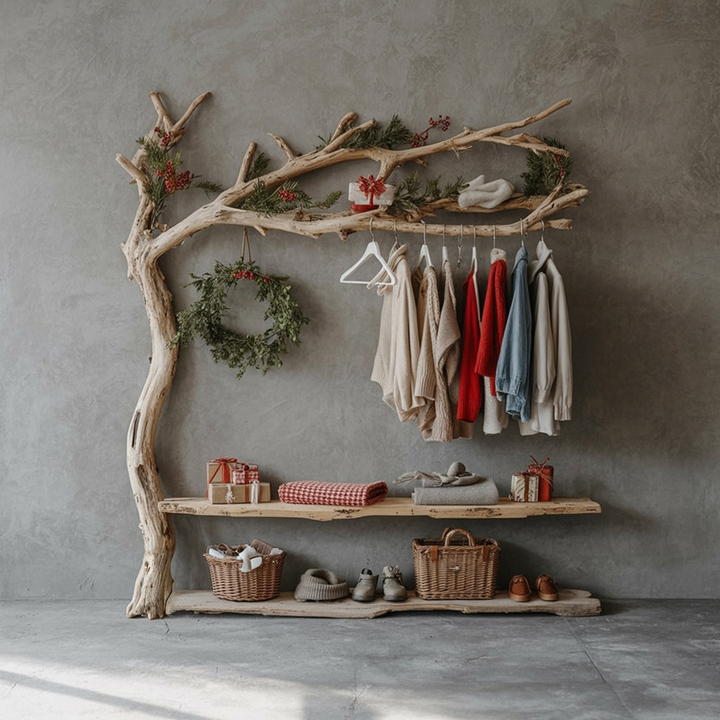 Wall Mounted Driftwood Coat Rack – Tree Branch Rack with Shelf & Shoe Storage