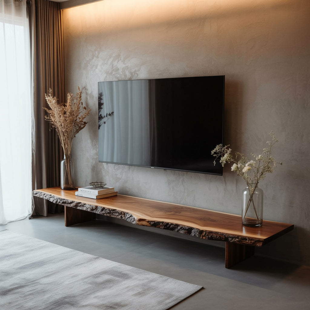 Rustic Live Edge TV Stand – Solid Walnut Floating Console, Handmade Wood Media Cabinet