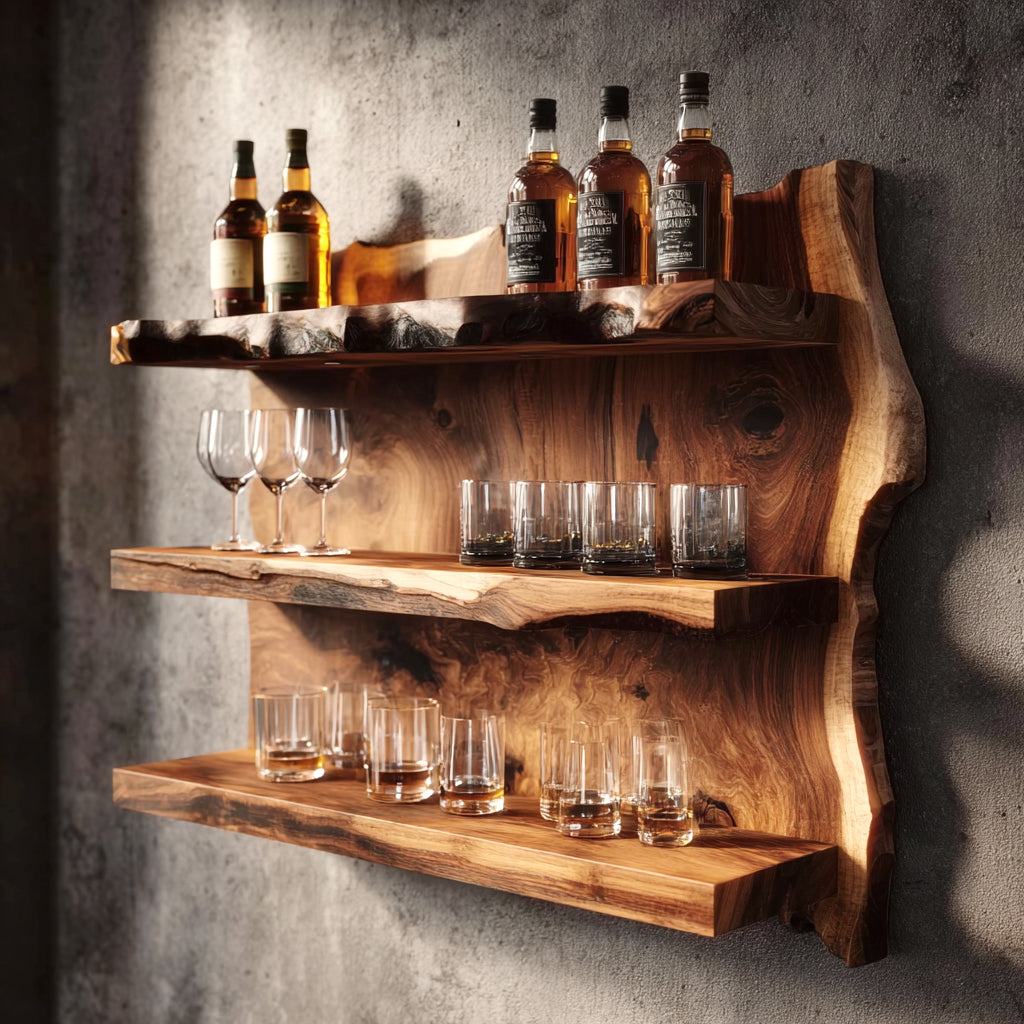 Live Edge Floating Bar Shelf – Handcrafted Solid Wood Wall Bar, Rustic Home Decor