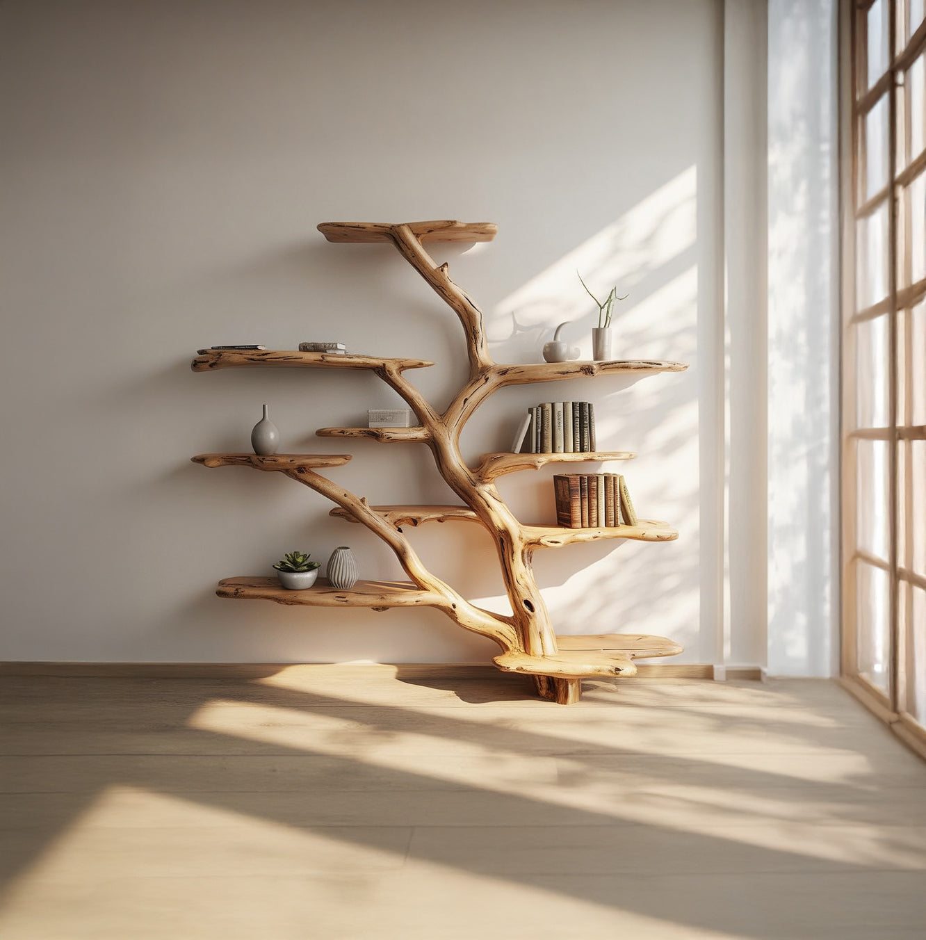 Handgemaakte Boom Boekenplank – Live Edge Houten Wanddecoratie