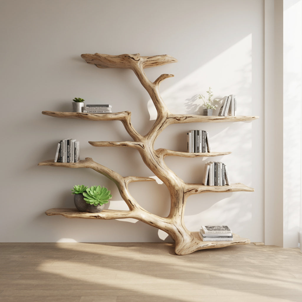 Handmade Tree Bookshelf – Live Edge Wooden Bookcase, Rustic Natural Wood Wall Decor