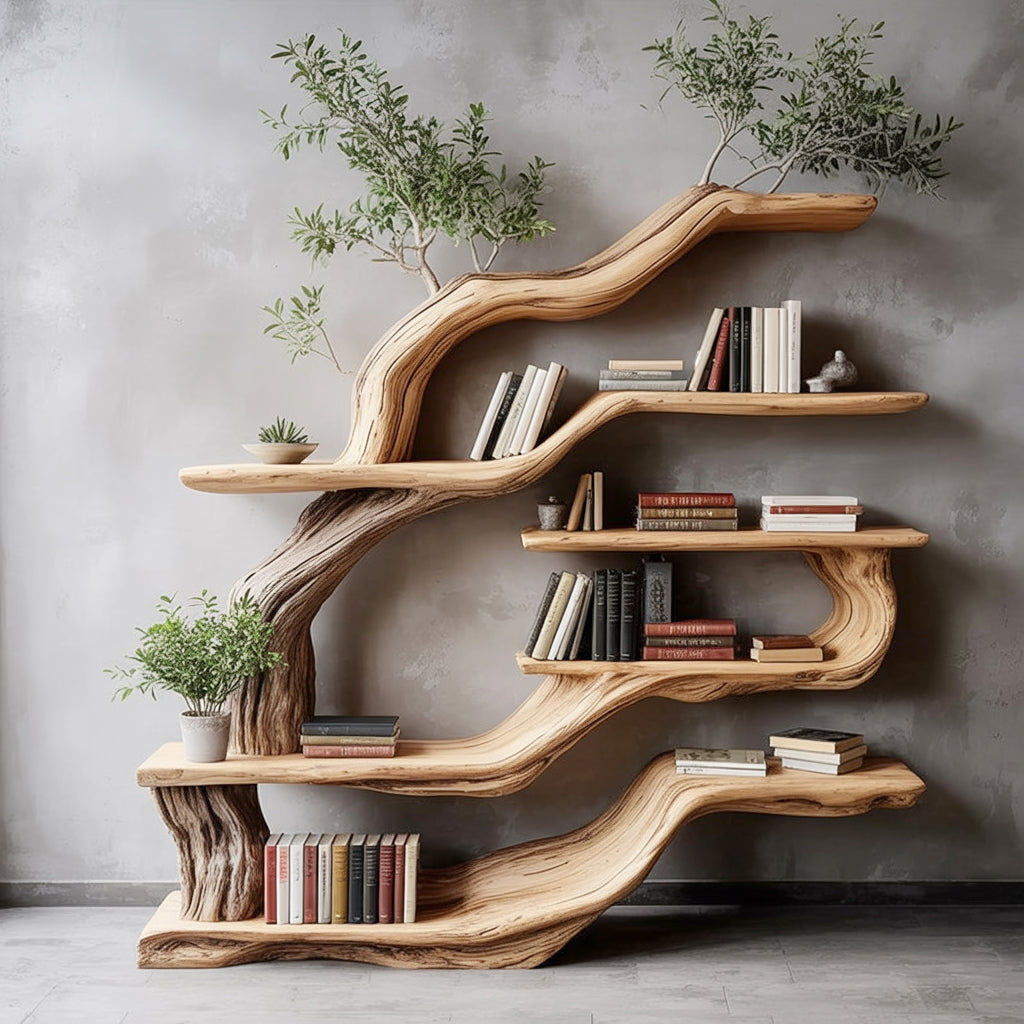 Handcrafted Live Edge Wooden Bookshelf – Artistic Tree Branch Design for Home or Office