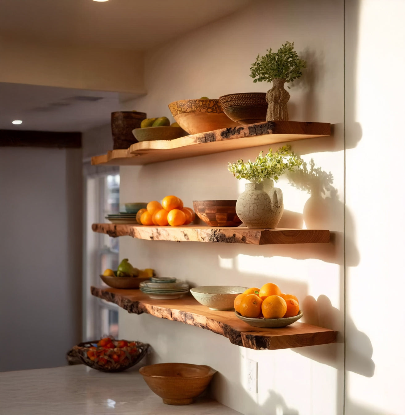 Rustic Floating Wall Shelf with Live Edge – Solid Walnut Shelf for Home Decor