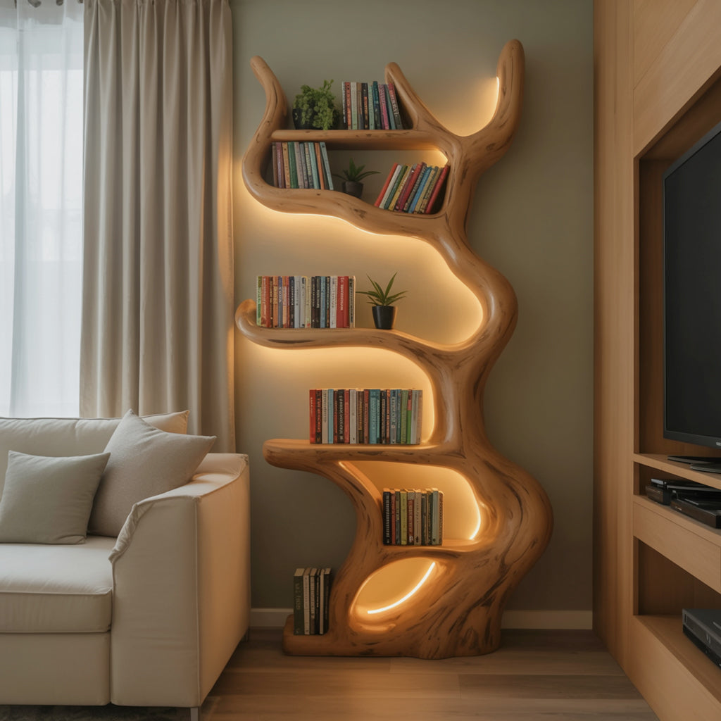 Rustic Live Edge Wooden Tree Bookshelf – Custom Wall Mounted Floating Shelf