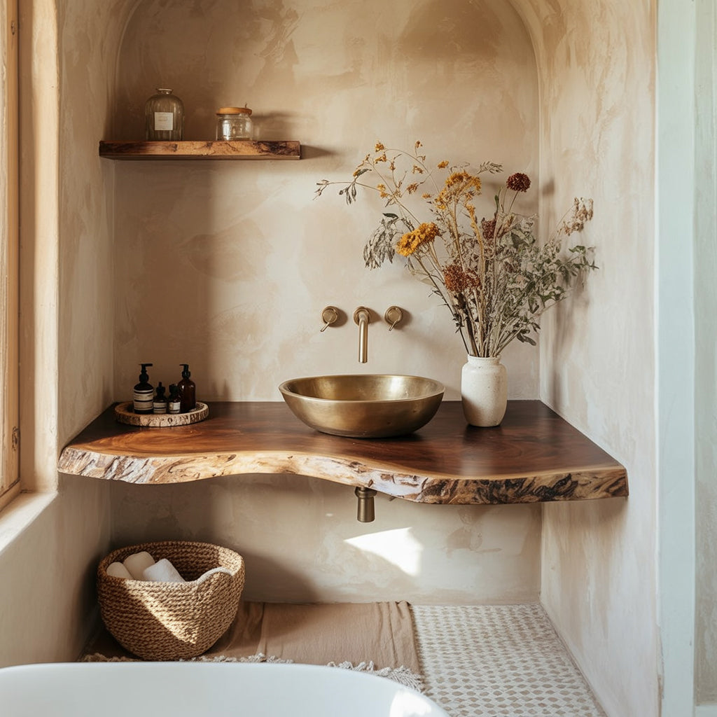 Live Edge Badkamerplank – Handgemaakte Rustieke Houten Wanddecoratie