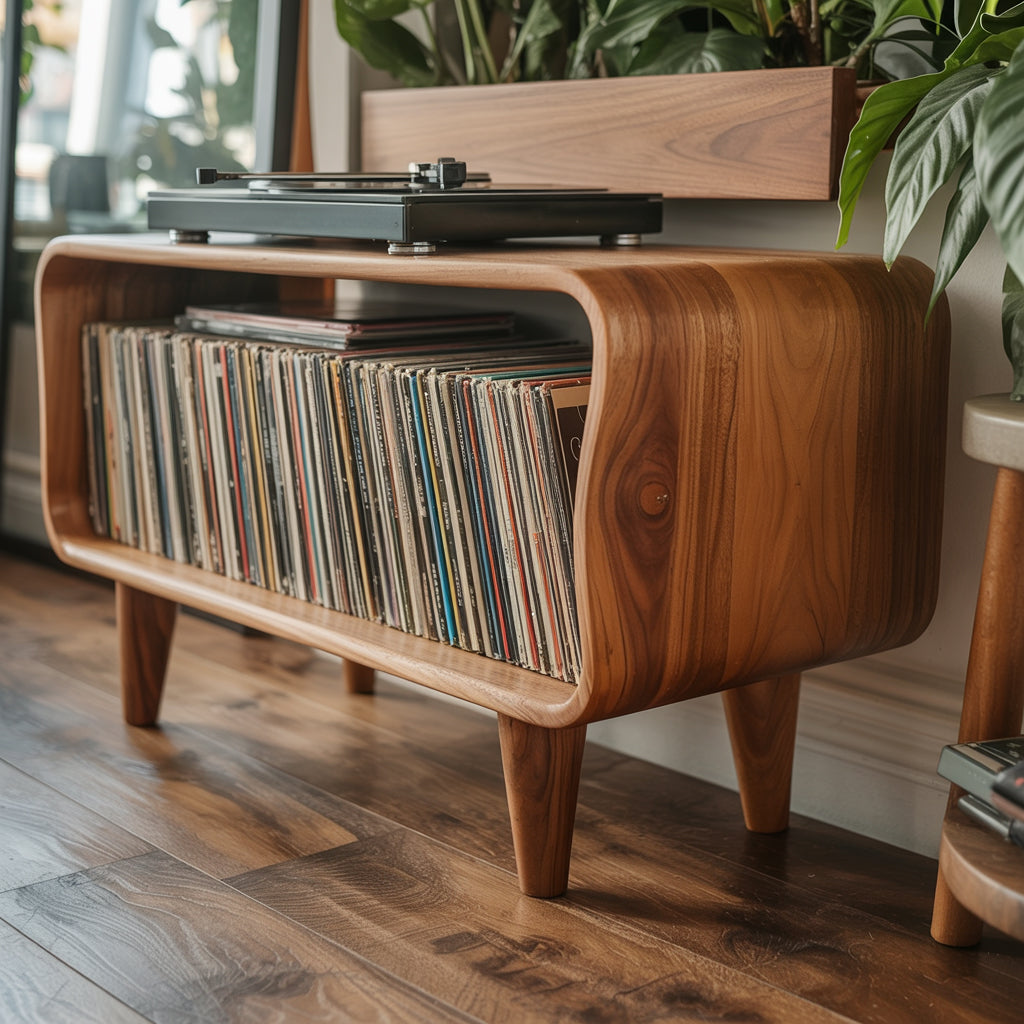 Massief Houten Platenspeler Meubel – Mid-Century Moderne Console