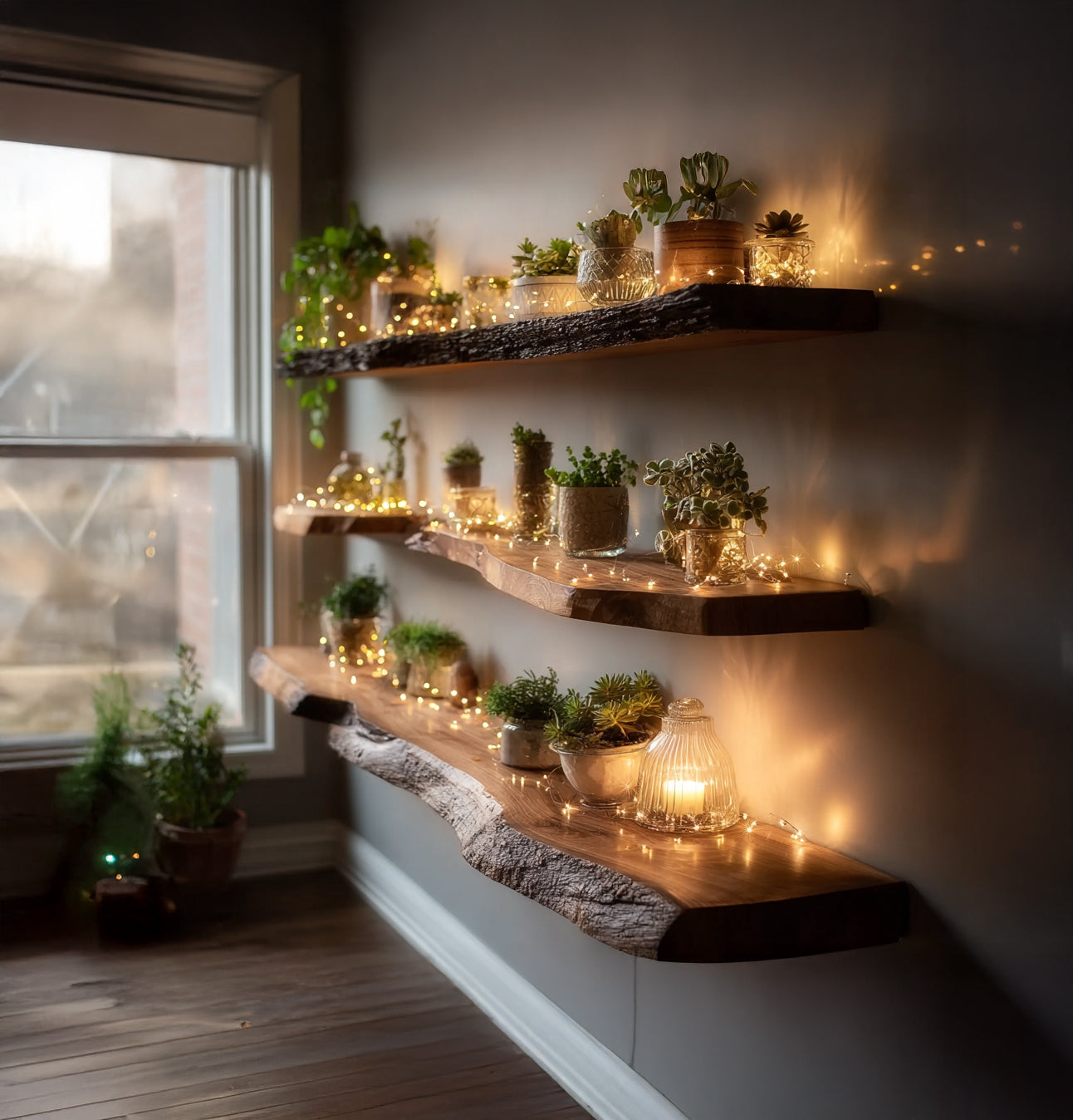 Massief Houten Live Edge Wandplank – Rustieke Badkamer & Wasruimte Decor