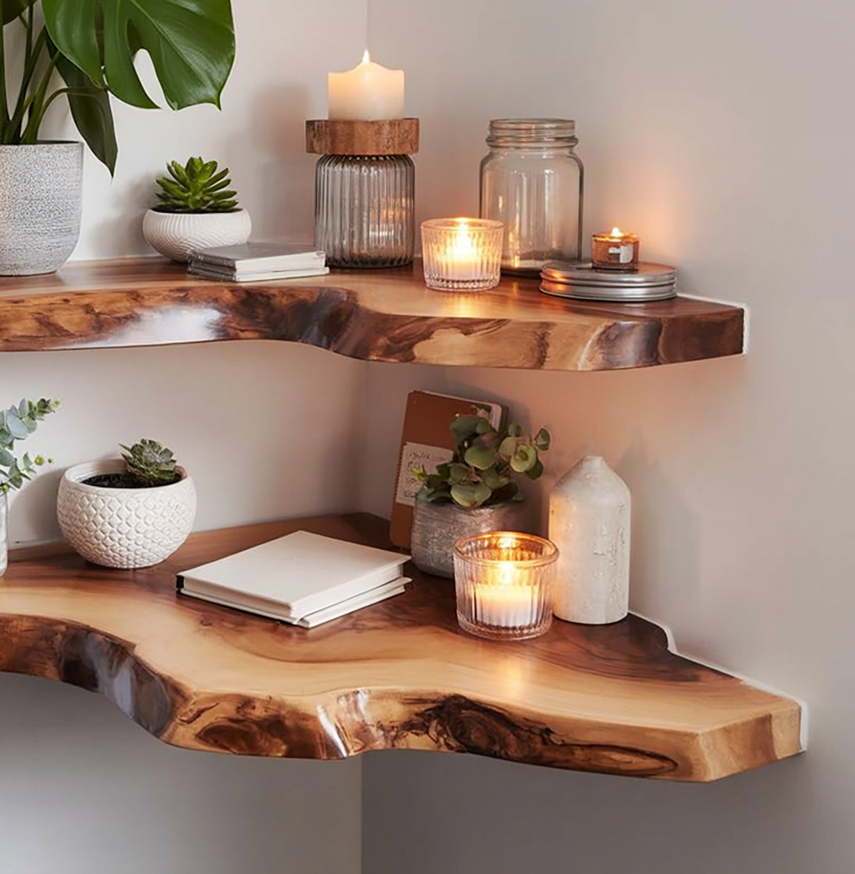 Massief Houten Zwevende Hoekplank – Rustieke Live Edge Wanddecoratie