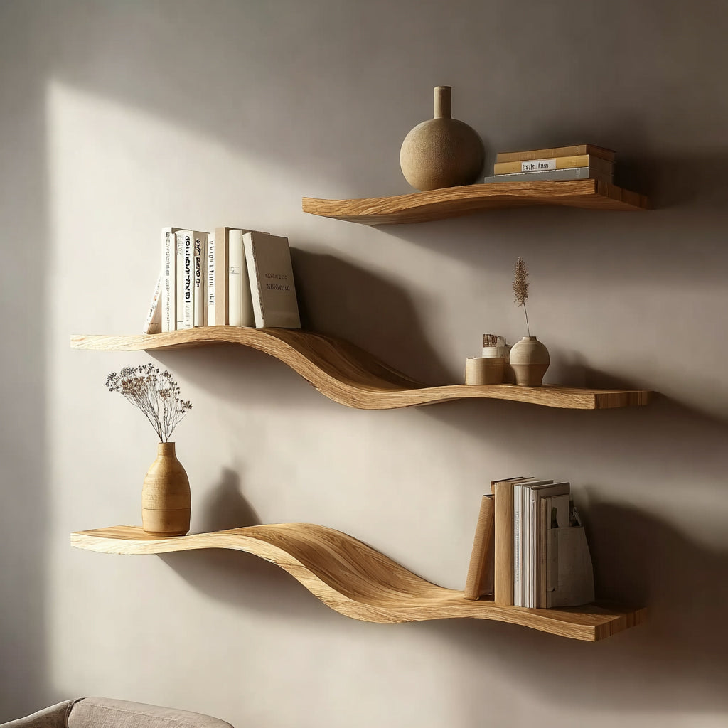 Wood Wavy Floating Shelf – Modern Wall-Mounted Farmhouse Decor