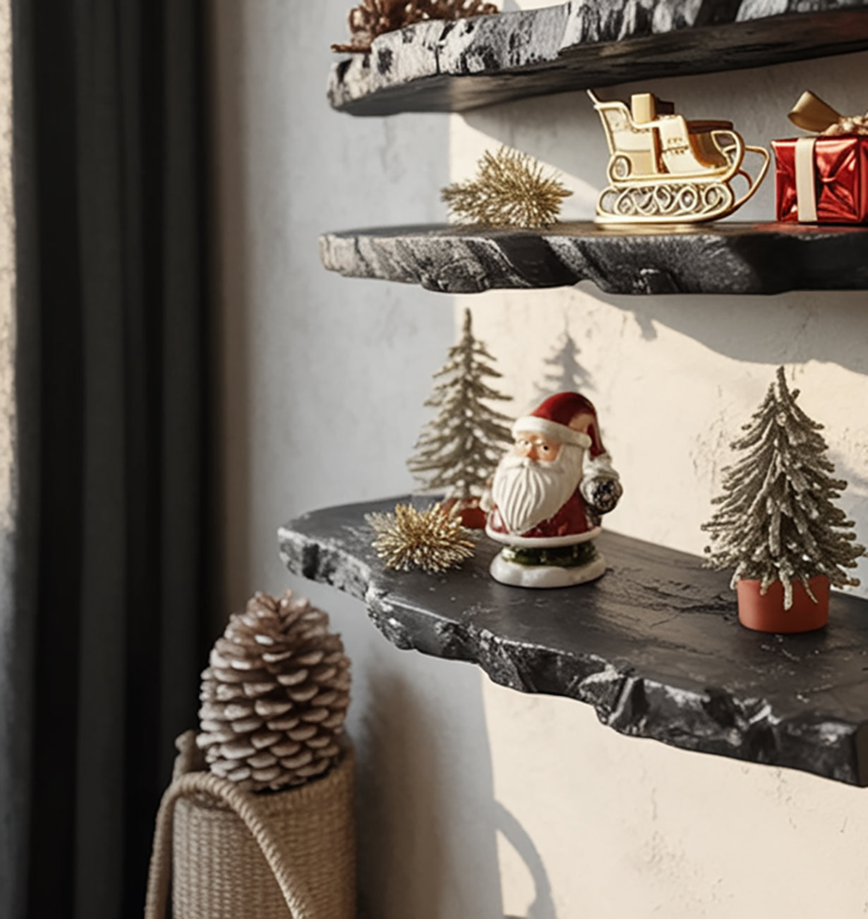 Rustic Floating Wall Shelf with Live Edge – Solid Walnut Handmade Décor