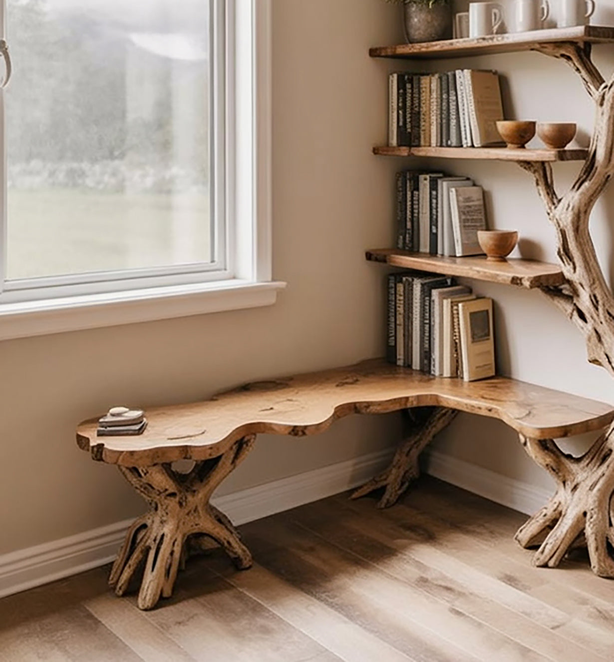 Driftwood Hoekboekenkast – Massief Houten Boomtak Design