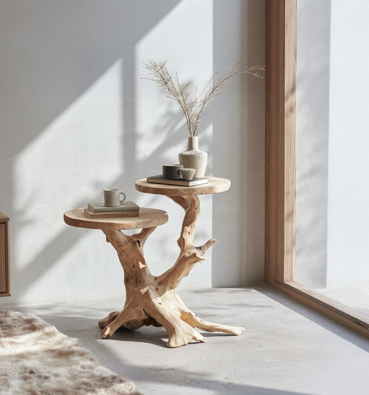 Handcrafted Tree Trunk End Table – Natural Wood Two-Tier Side Table, Live Edge Accent Table