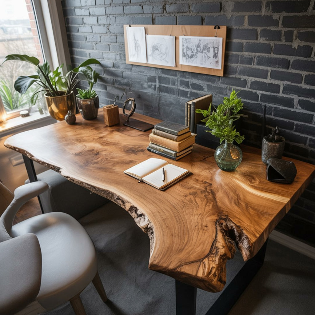 Rustic Live Edge Wooden Desk with Drawers for Home Office