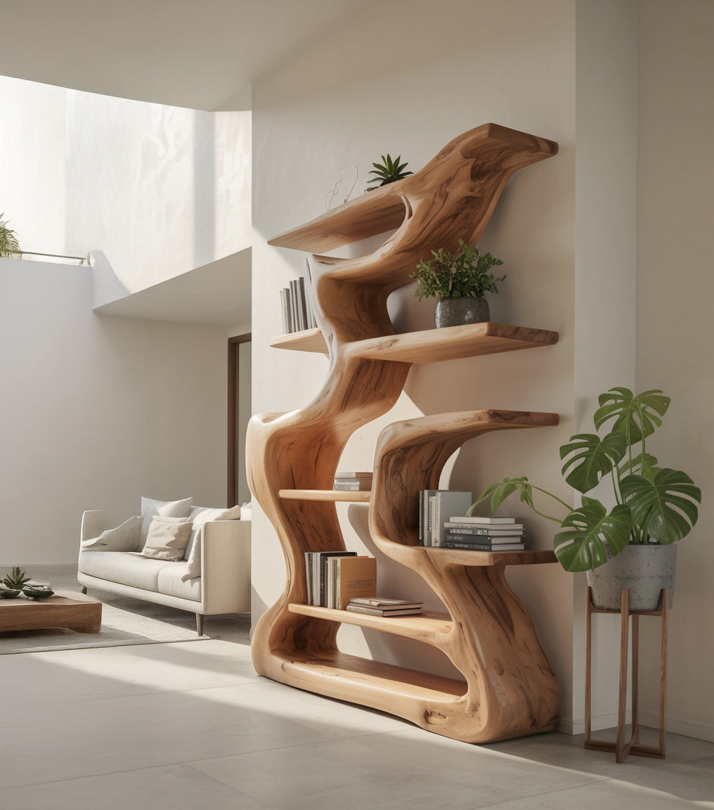 Artistic Wooden Bookshelf – Handcrafted Sculptural Curved Shelf for Modern Home Decor