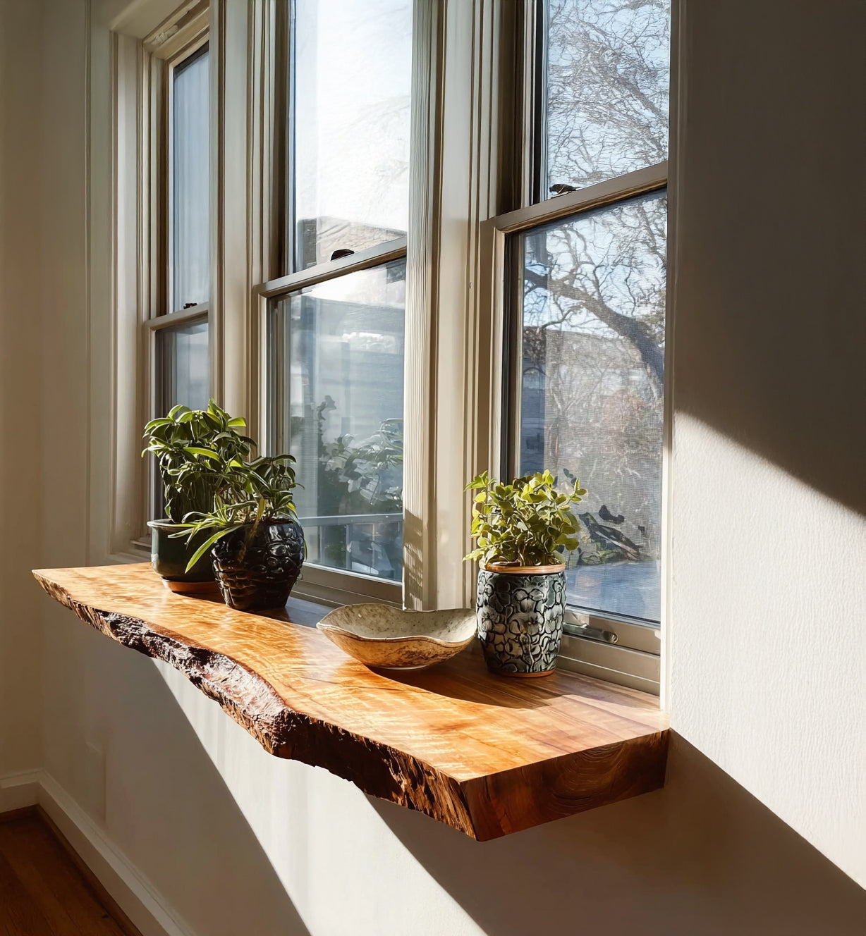 Handcrafted Live Edge Floating Shelf – Carved Wavy Wood Wall Art