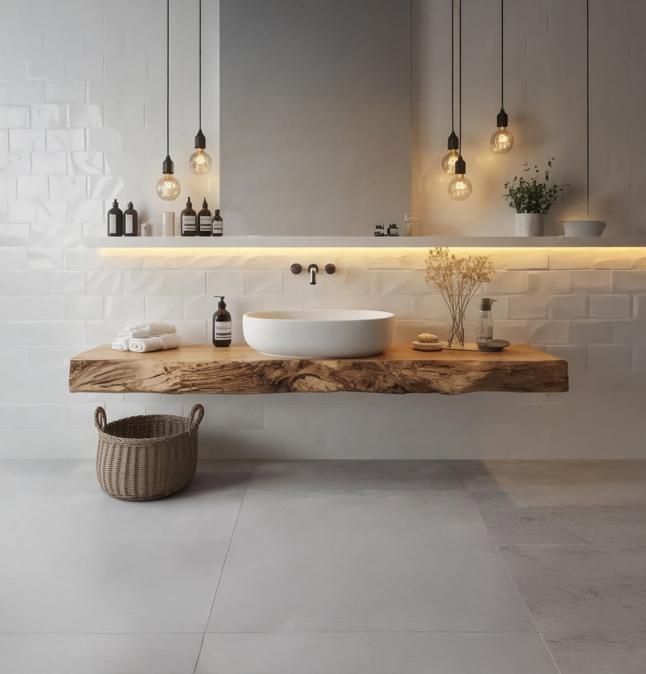 Organic Live Edge Solid Wood Floating Bathroom Vanity with Shelf