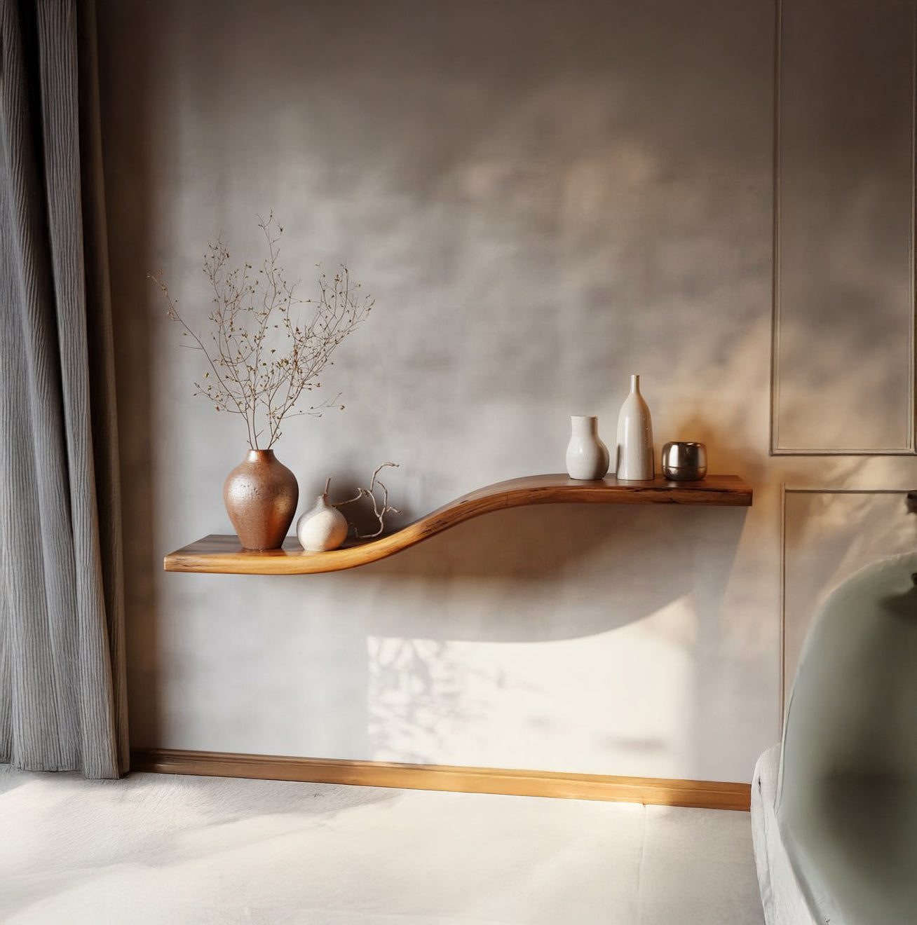 Live Edge Zwevende Wandplank van Massief Hout