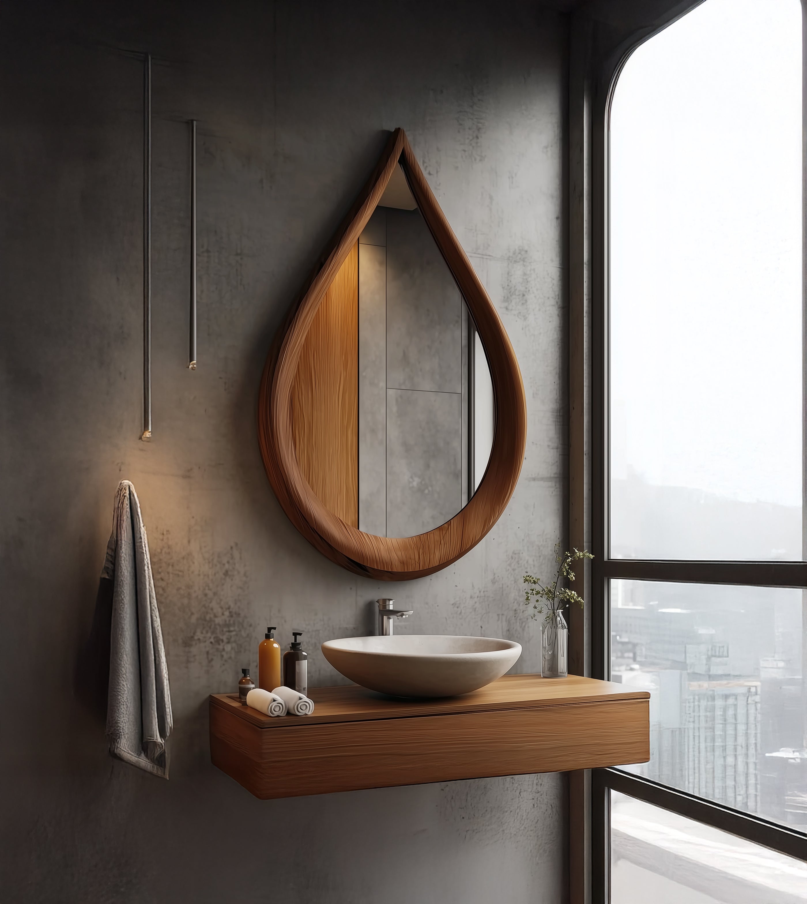 Teardrop Wooden Wall Mirror – Handcrafted Asymmetrical Solid Wood Frame, Modern Organic Boho Bathroom Decor