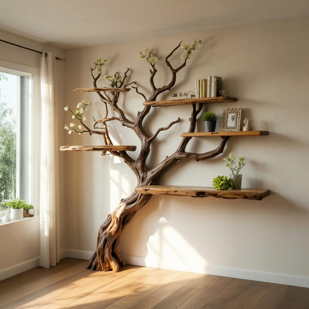 Handgemaakte Boomtak Boekenkast – Natuurlijke Houten Zwevende Wandplanken