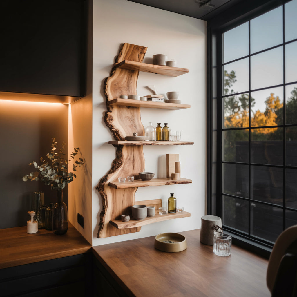 Moderne Live Edge Zwevende Keukenplank – Massief Houten Wandplank