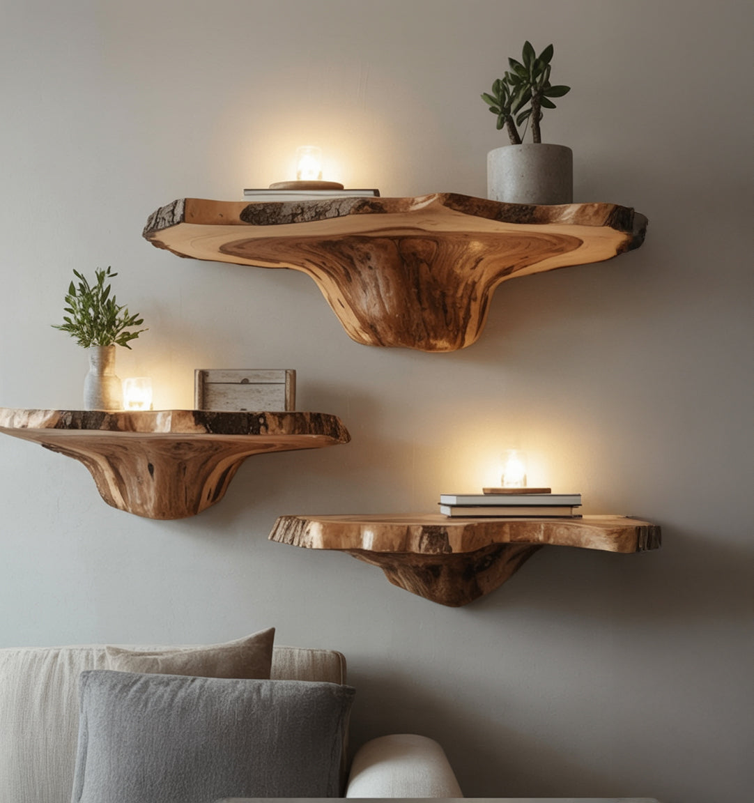 Handcrafted Rustic Mushroom Floating Shelf – Live Edge Wooden Wall Decor
