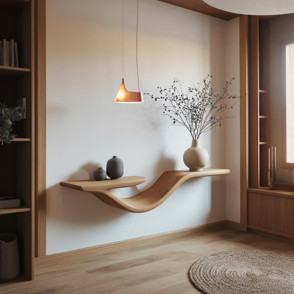 Rustieke Golvende Live Edge Zwevende Wandplank – Massief Hout