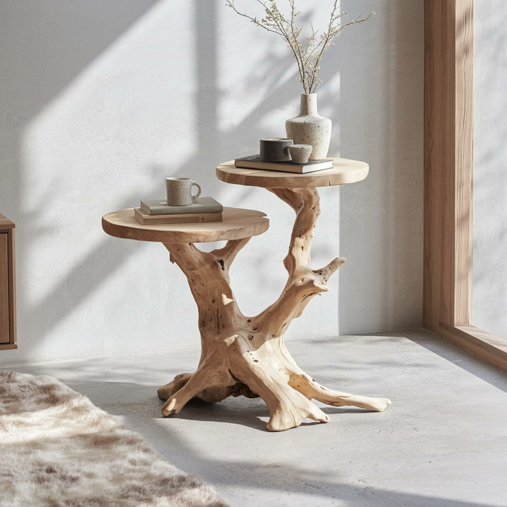 Handcrafted Tree Trunk End Table – Natural Wood Two-Tier Side Table, Live Edge Accent Table