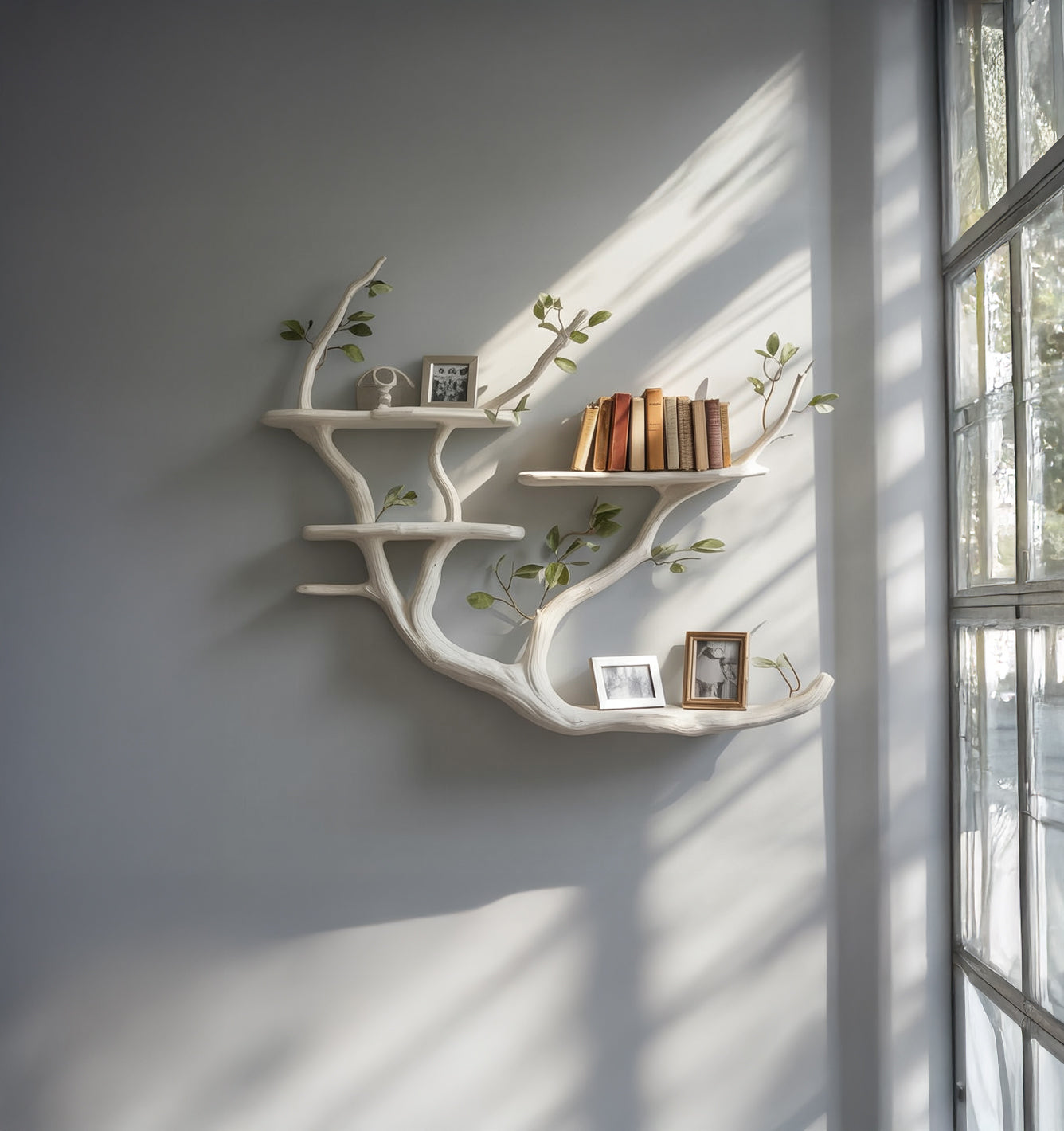 Handgemaakte Boomtak Boekenkast – Rustieke Houten Zwevende Wandplank