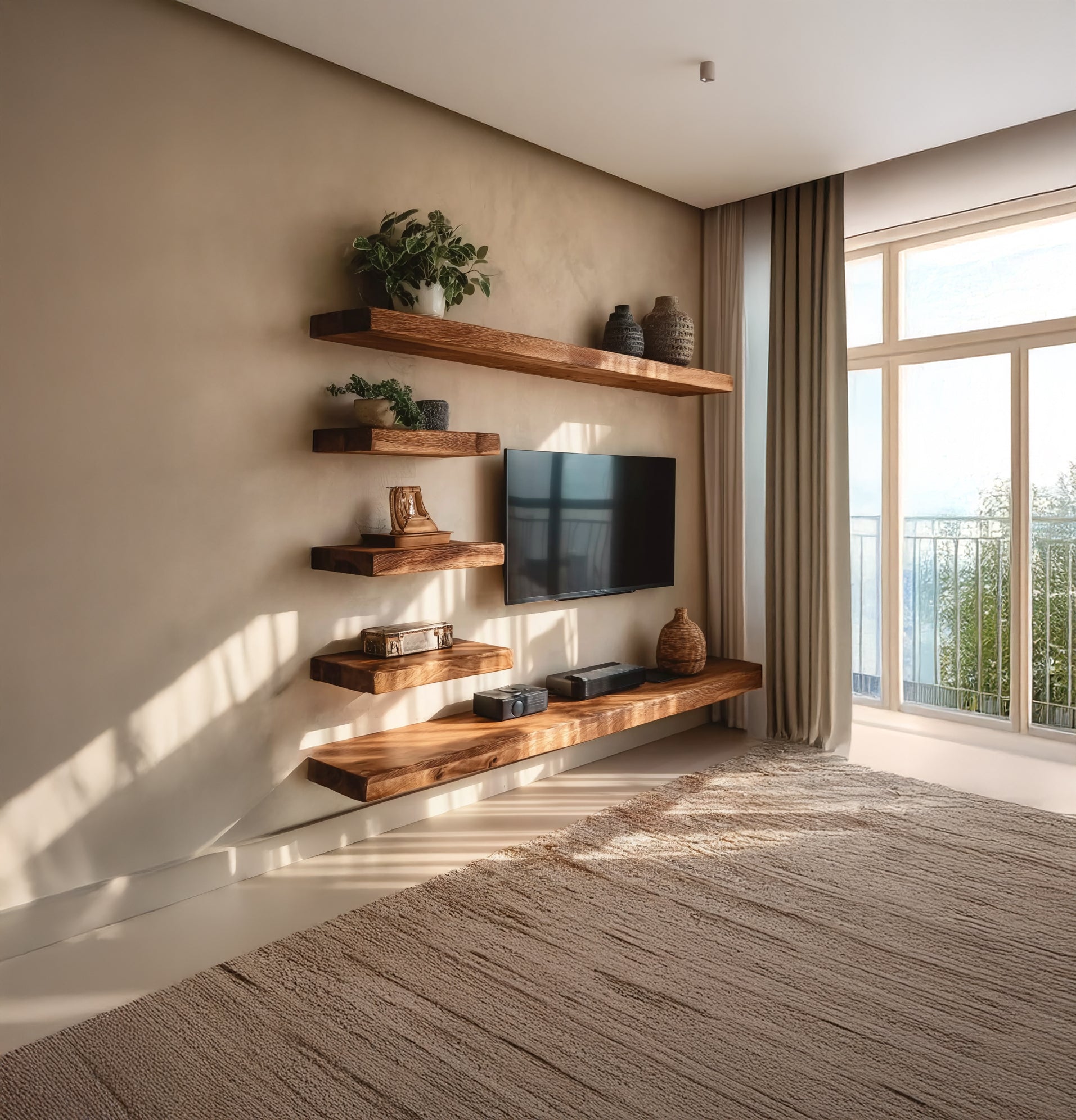 2-Delige Massief Houten TV-Meubel & Rustieke Zwevende Wandplank