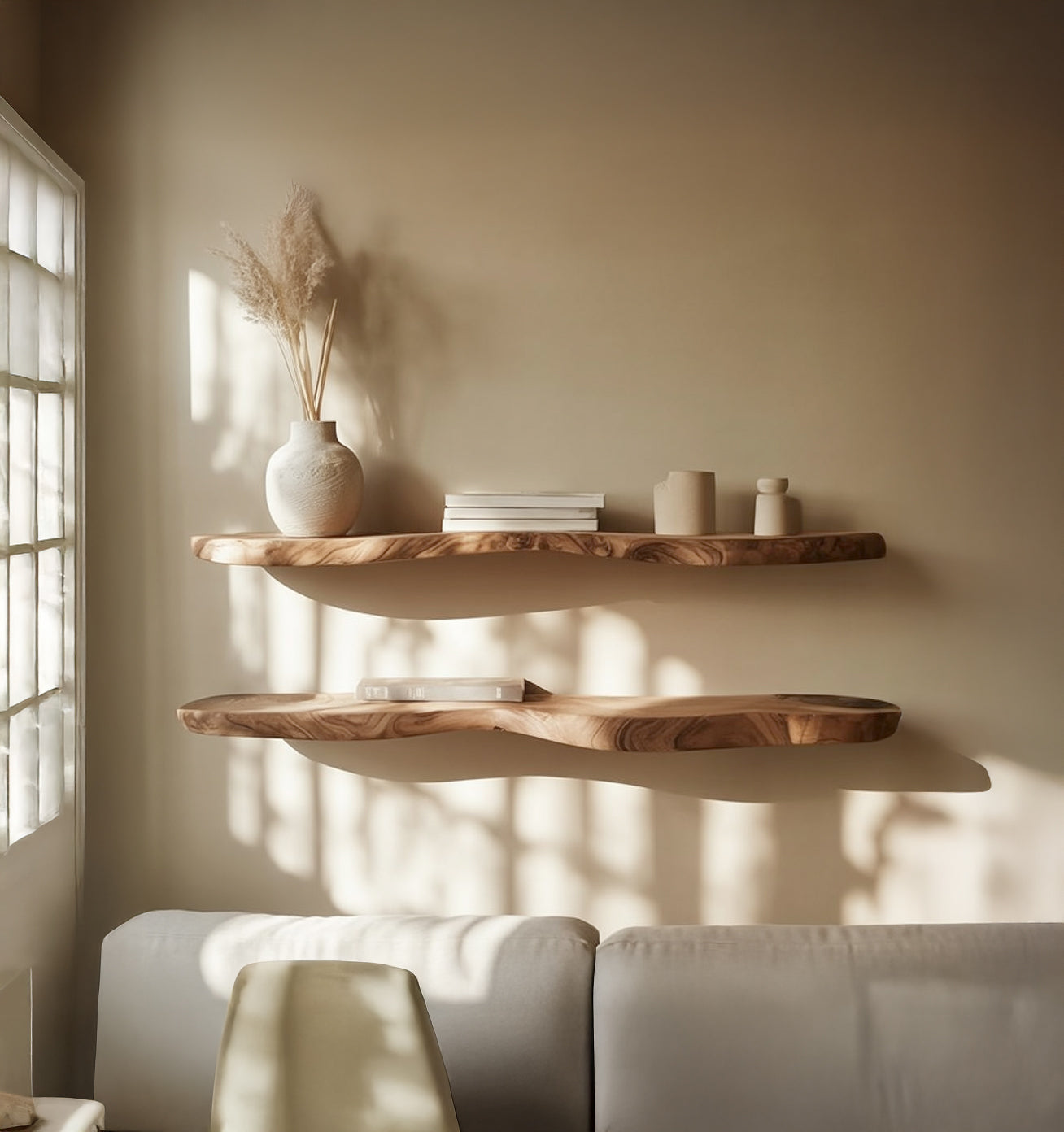 Rustic Floating Wall Shelf with Live Edge – Solid Wood for Home Decor