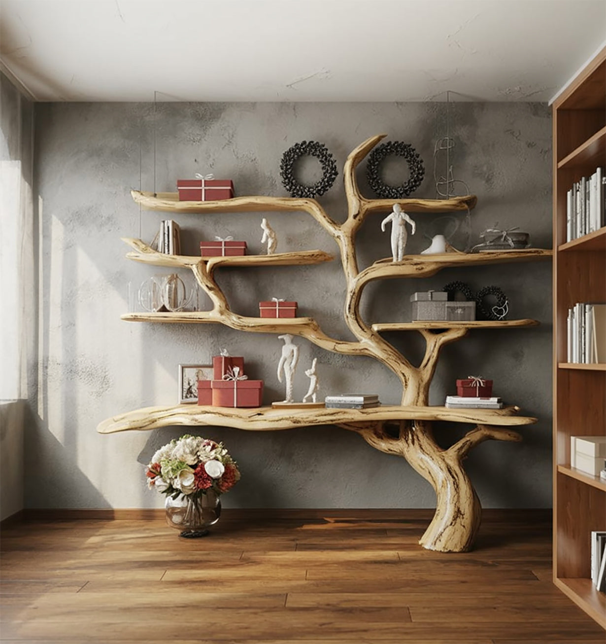Handcrafted Tree Bookshelf – Rustic Live Edge Wooden Wall Bookcase