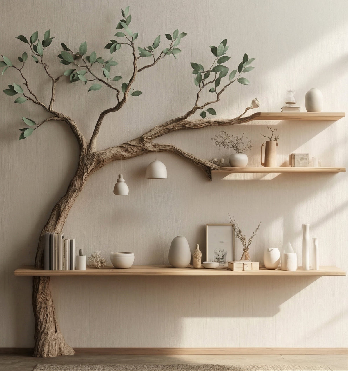 Sculpturale Boom Boekenplank Leeshoek - Massief Houten Wanddisplay