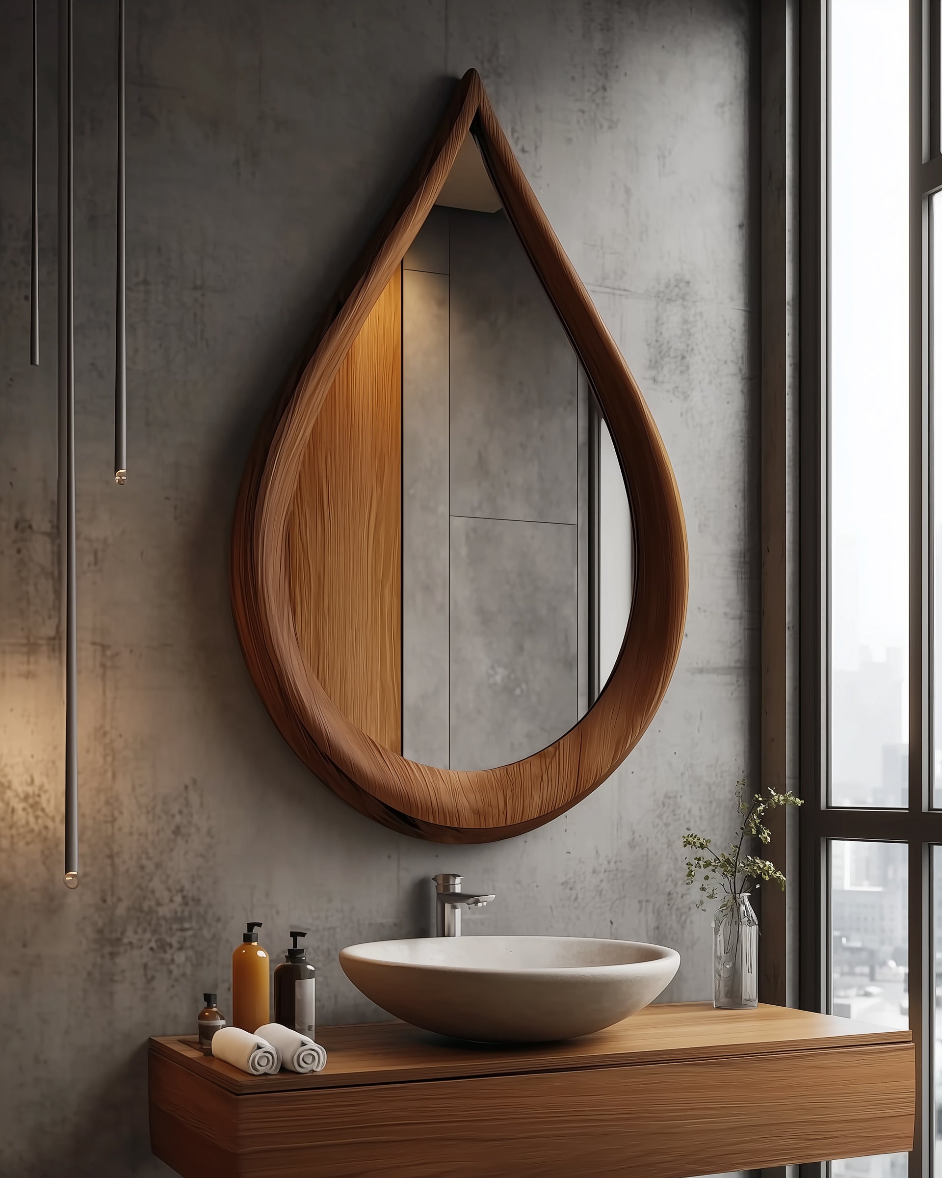 Teardrop Wooden Wall Mirror – Handcrafted Asymmetrical Solid Wood Frame, Modern Organic Boho Bathroom Decor