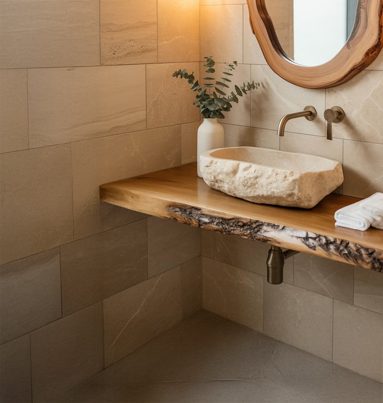 Massief Houten Zwevende Badkamermeubel – Rustieke Live Edge Wastafelplank