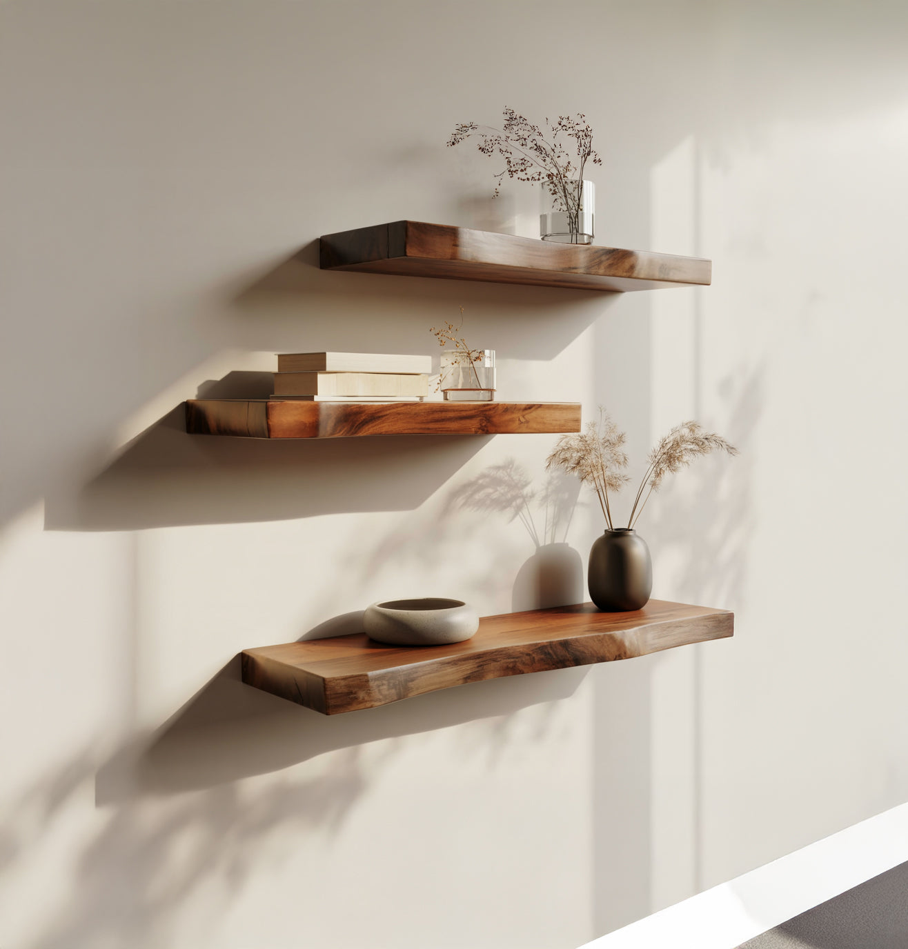 Massief Houten Live Edge Zwevende Wandplank – Rustiek Design