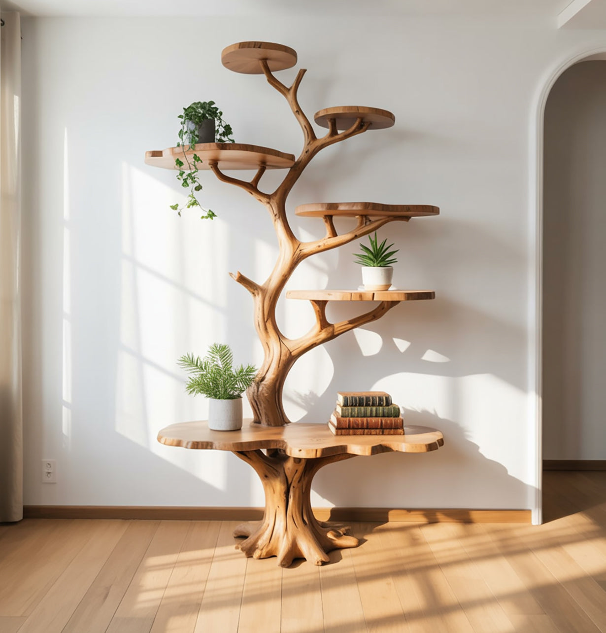 Artistieke Boomtak Boekenkast – Massief Houten Tree Shelf op Maat