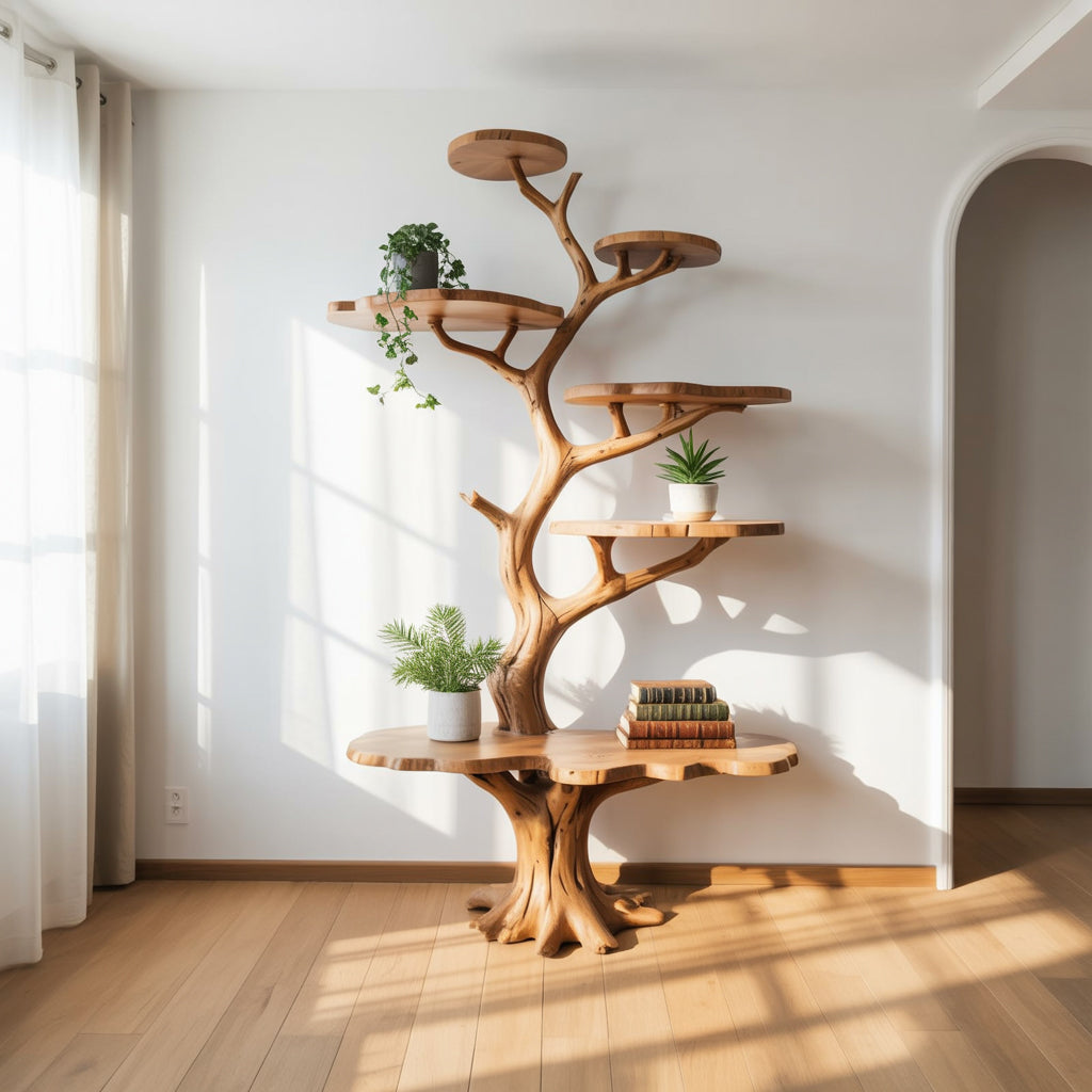 Artistieke Boomtak Boekenkast – Massief Houten Tree Shelf op Maat