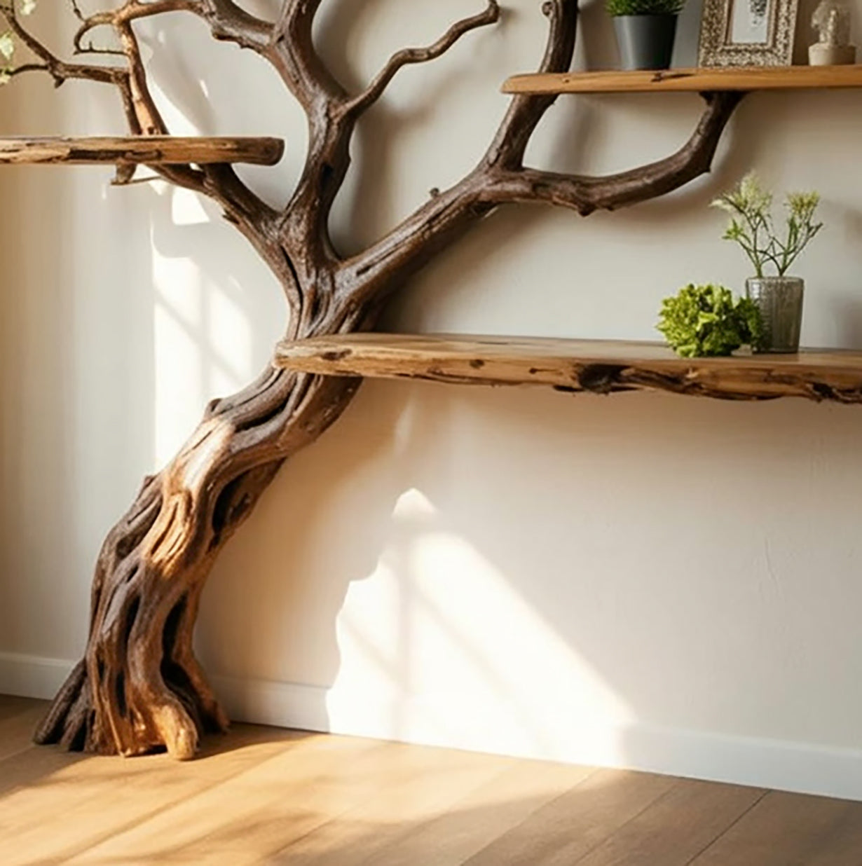 Handgemaakte Boomtak Boekenkast – Natuurlijke Houten Zwevende Wandplanken