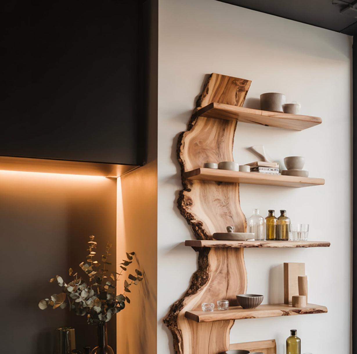 Moderne Live Edge Zwevende Keukenplank – Massief Houten Wandplank